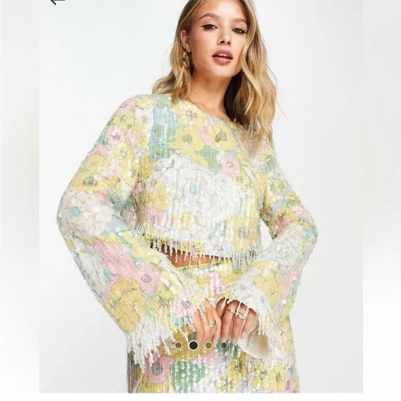 ASOS EDITION pastel floral print and sequin long sleeve top with fringe - Picture 2 of 13